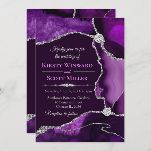 Invitation Mariage Agate Parties scintillant violet et argent (Devant / Derrière)