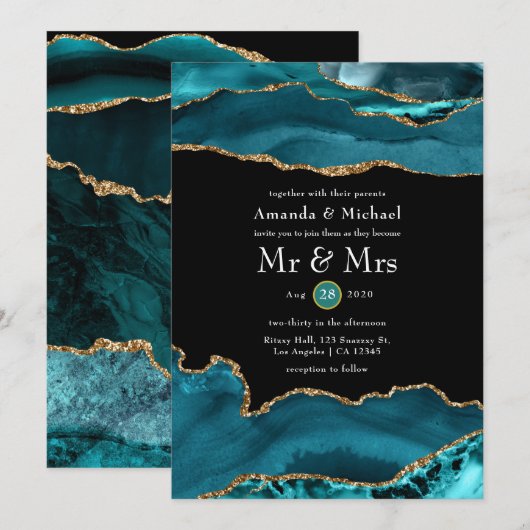 Invitation Mariage Agate Sarcelle et Or (Devant / Derrière)