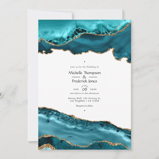 Invitation Mariage Agate Sarcelle et Or (Devant)