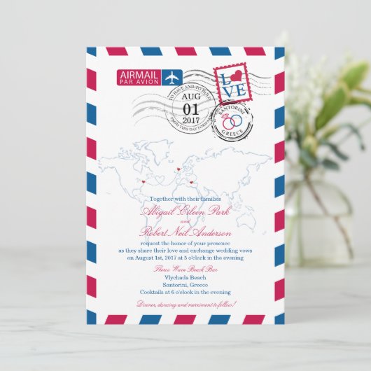 Invitation Mariage Airmail New York, Ecosse et Grèce (Debout devant)