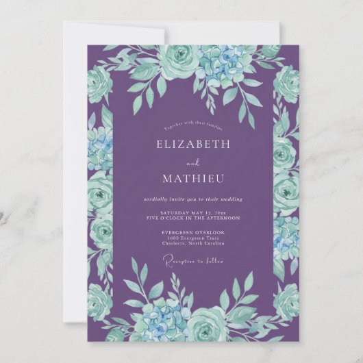 Invitation Mariage Améthyste Aqua Feuillage Eucalyptus (Devant)