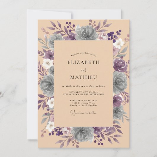 Invitation Mariage Améthyste Ardoise Pétales (Devant)