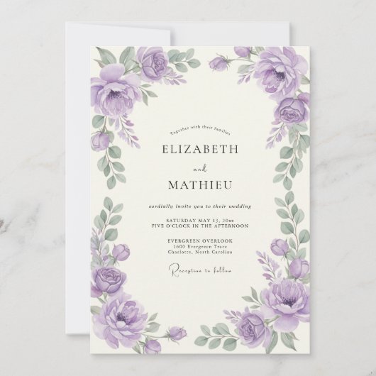 Invitation Mariage Améthyste Argent Ranunculus Eucalyptus (Devant)