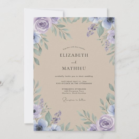 Invitation Mariage Améthyste Champagne Feuillage Gris Eucalyp (Devant)