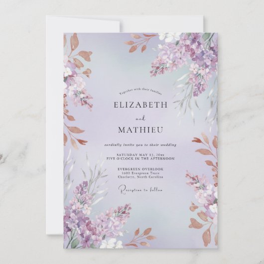 Invitation Mariage Améthyste Cuivre Feuillage Sage (Devant)