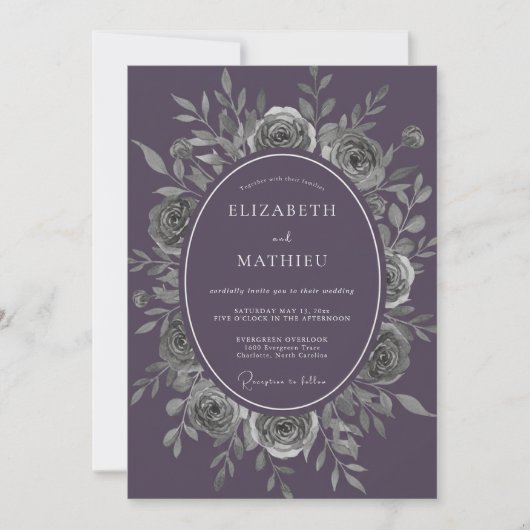 Invitation Mariage Améthyste Feuilles d'Argent (Devant)