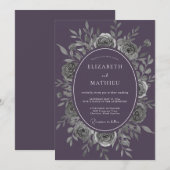 Invitation Mariage Améthyste Feuilles d'Argent (Devant / Derrière)