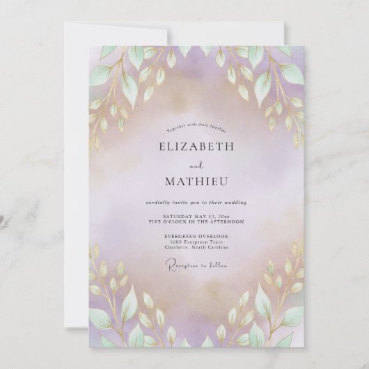 Invitation Mariage Améthyste Feuilles d'Or (Devant)