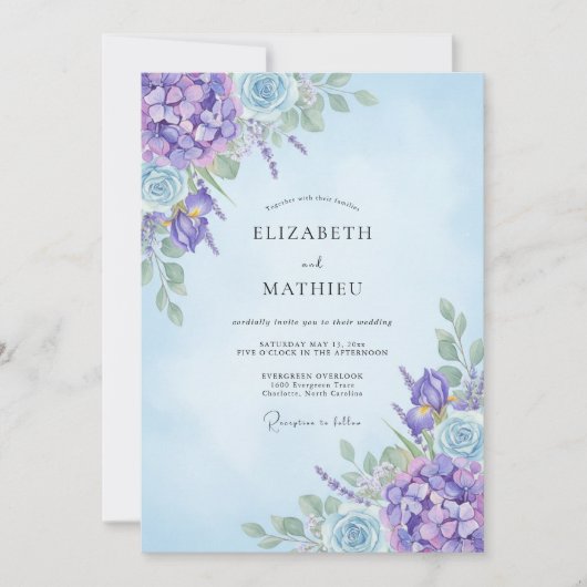 Invitation Mariage Améthyste Hydrangea Bleuet Eucalyptus (Devant)