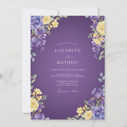 Invitation Mariage Améthyste Jaune Feuillage Gris Eucalyptus (Devant)