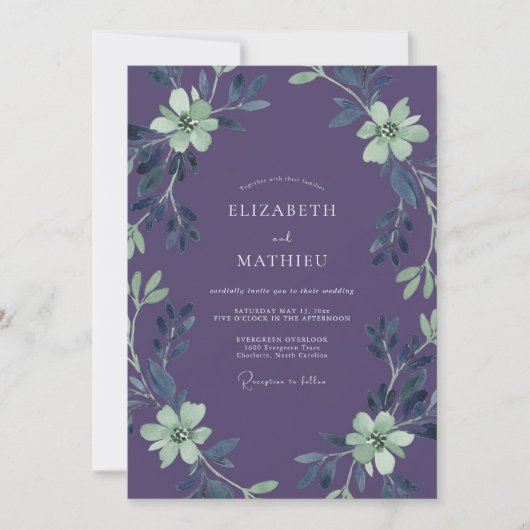 Invitation Mariage Améthyste Menthe Feuillage Eucalyptus Pous (Devant)