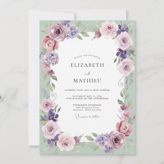 Invitation Mariage Améthyste Menthe Feuillage Gris Eucalyptus (Devant)