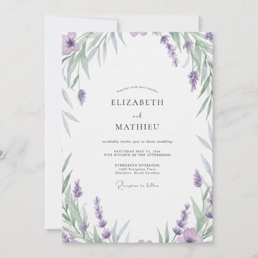 Invitation Mariage Améthyste Perle Argentée Feuillue (Devant)