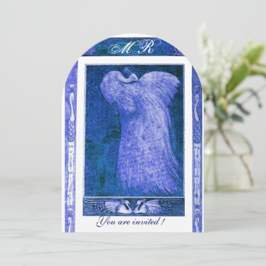 Invitation MARIAGE AMOUR PAON MONOGRAMME Bleu Blanc (Debout devant)