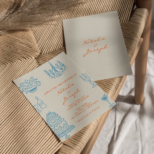 Invitation Mariage Amusant Dessiné à la Main Orange Bleu