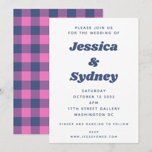 Invitation Mariage amusant rétro à carreaux violet et bleu