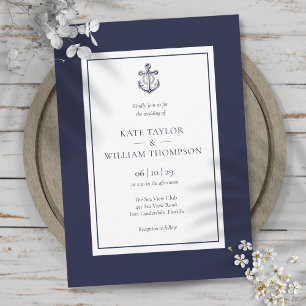 Invitation Mariage Ancre bleu et blanc de la marine nautique