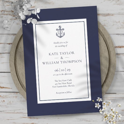 Invitation Mariage Ancre bleu et blanc de la marine nautique