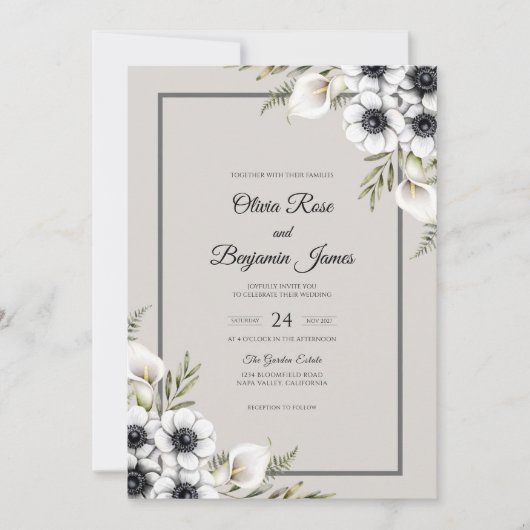 Invitation Mariage Anémone Blanc Crème (Devant)