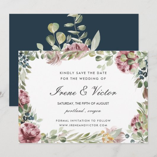 Invitation Mariage Anemone Blush Bleu Nuit  Enregistrez la da (Devant / Derrière)