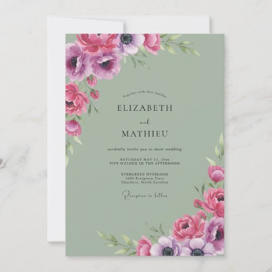 Invitation Mariage Anémone Céladon Magenta (Devant)