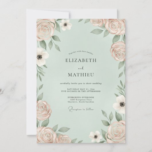 Invitation Mariage Anémone Champagne Menthe (Devant)