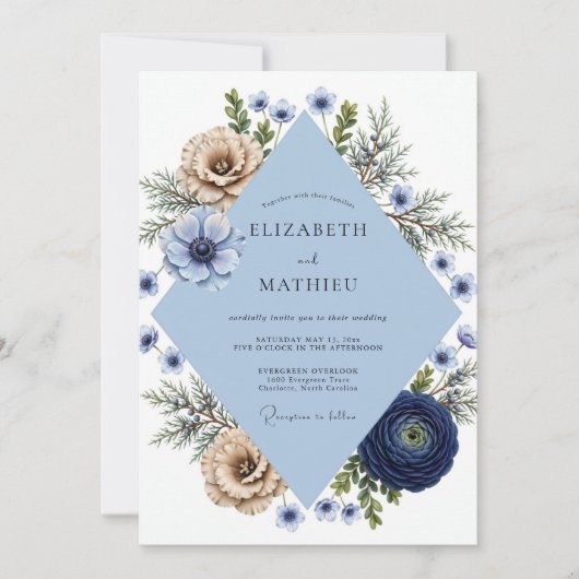 Invitation Mariage Anémone Champagne Navy (Devant)