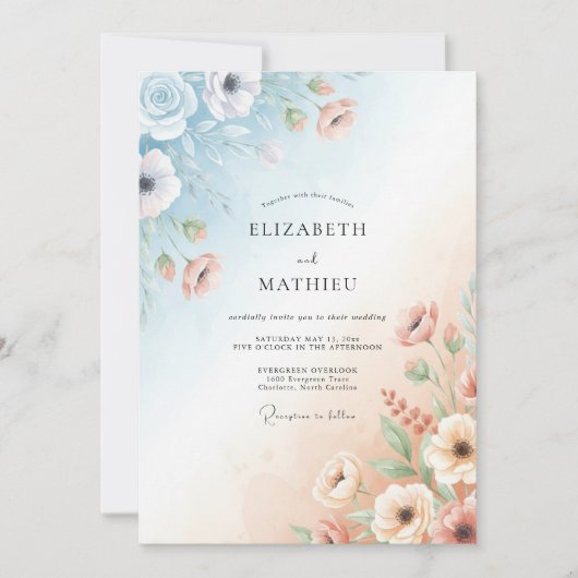Invitation Mariage Anémone Ciel Pêche (Devant)