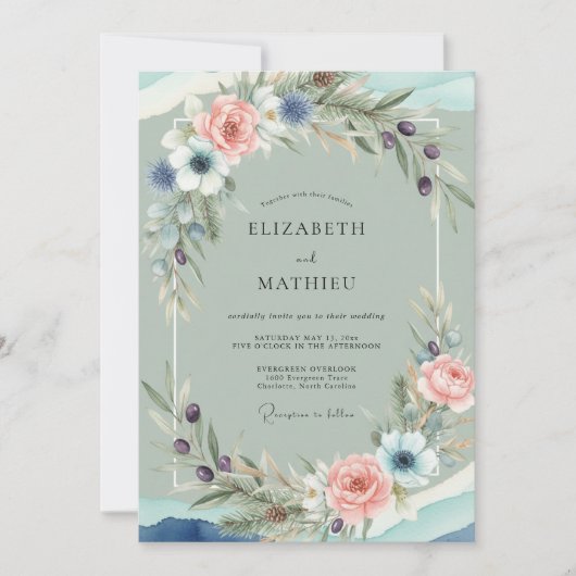 Invitation Mariage Anémone Corail Doux Mousse de Mer (Devant)