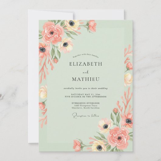 Invitation Mariage Anémone Corail Menthe (Devant)