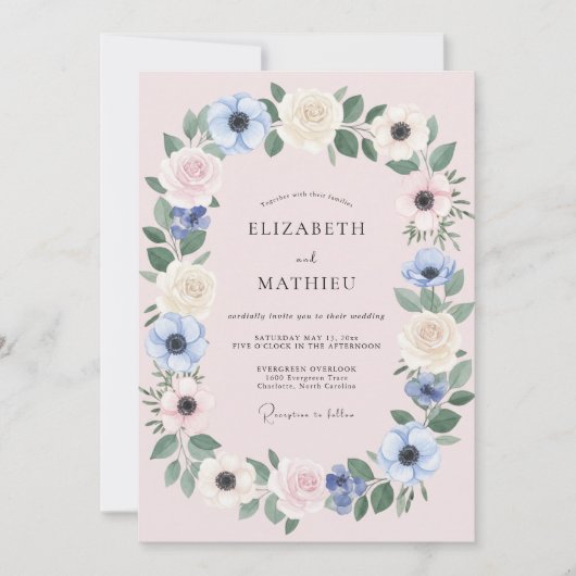 Invitation Mariage Anémone Crème et Bleuet (Devant)