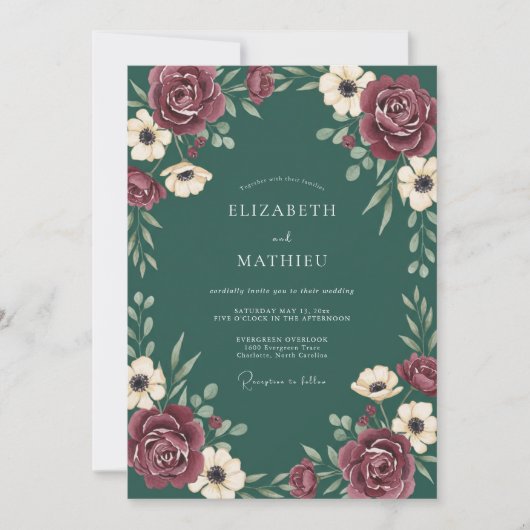 Invitation Mariage Anémone de Vin Sarcelle Profonde (Devant)