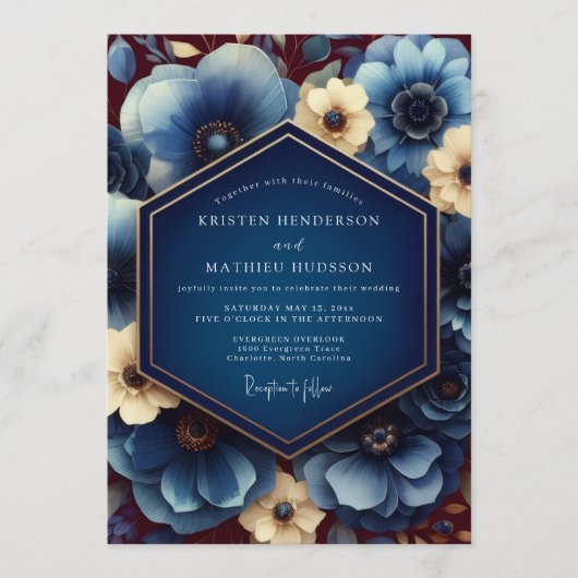 Invitation Mariage Anémone dorée Navy (Devant)