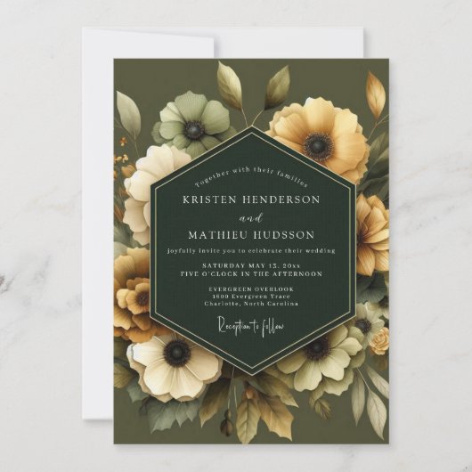 Invitation Mariage Anémone Dorée Olive (Devant)