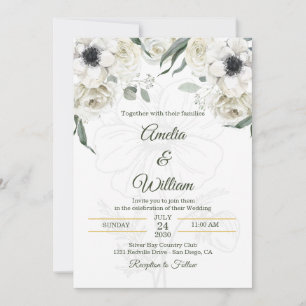 Invitation Mariage Anémone Élégant Blanc Noir Vert
