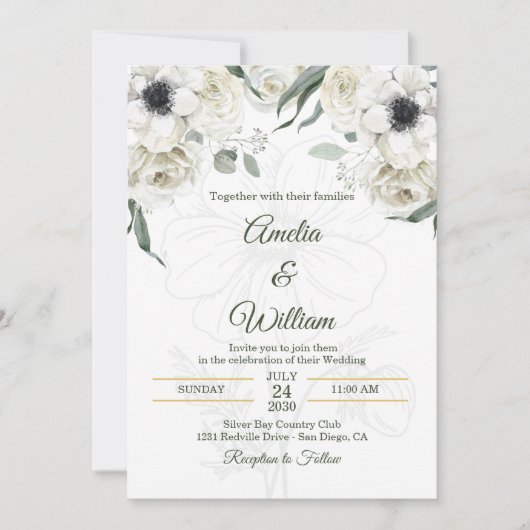 Invitation Mariage Anémone Élégant Blanc Noir Vert (Devant)