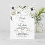 Invitation Mariage Anémone Élégant Blanc Noir Vert (Debout devant)