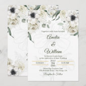 Invitation Mariage Anémone Élégant Blanc Noir Vert (Devant / Derrière)