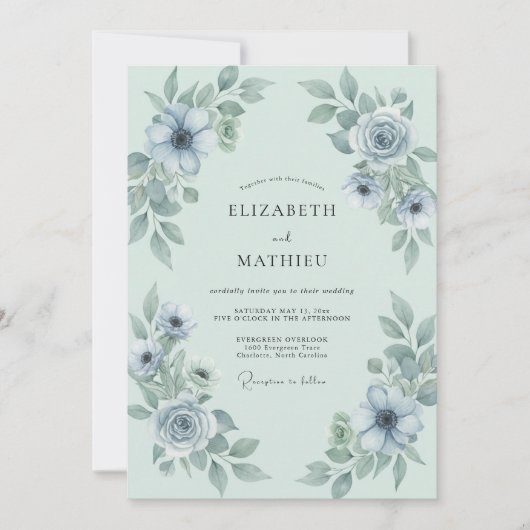 Invitation Mariage Anémone en Acier Bleu (Devant)