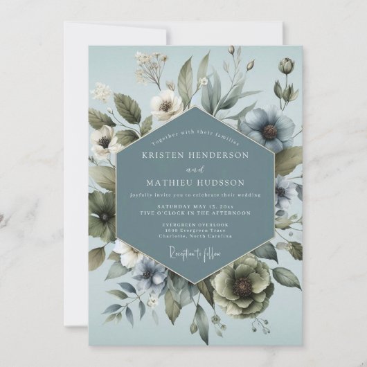 Invitation Mariage Anémone Ethérée Bleu Acier (Devant)