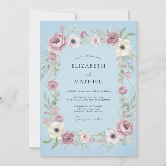 Invitation Mariage Anémone Fleur de Prunier Céleste (Devant)