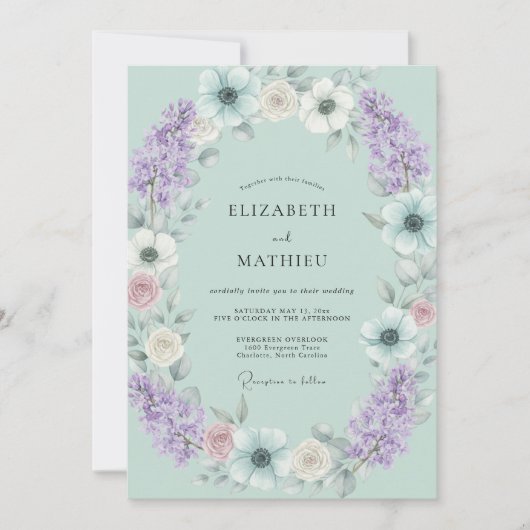Invitation Mariage Anémone Lavande Mousse de Mer (Devant)