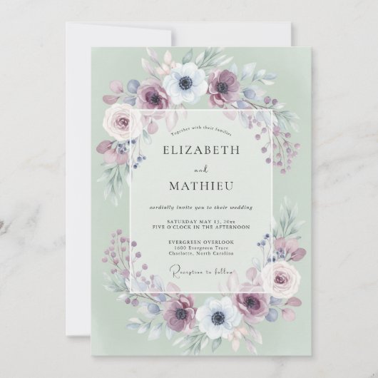 Invitation Mariage Anémone Mauve Menthe (Devant)