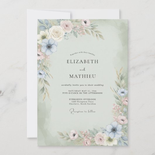 Invitation Mariage Anémone Menthe Champagne (Devant)
