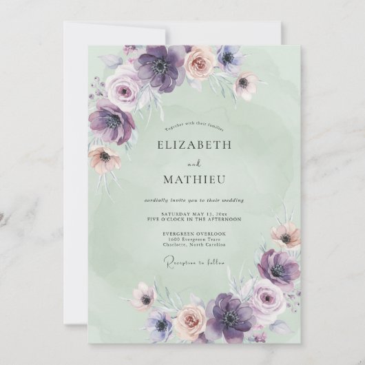 Invitation Mariage Anémone Menthe Lavande (Devant)