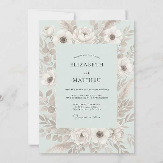 Invitation Mariage Anémone Menthe Pâle (Devant)