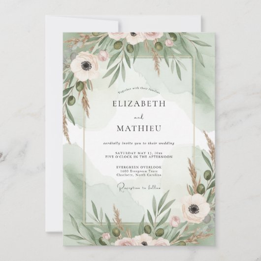 Invitation Mariage Anémone Menthe Rose (Devant)