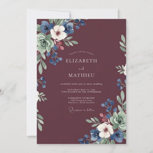 Invitation Mariage Anémone Navy Vin (Devant)