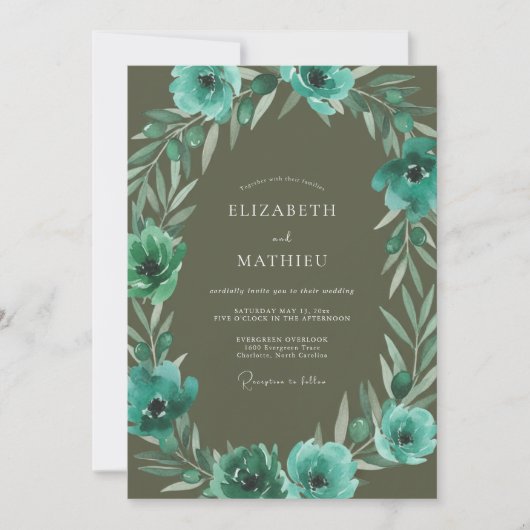 Invitation Mariage Anémone Olive Turquoise (Devant)