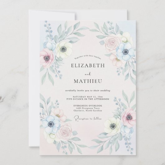 Invitation Mariage Anémone Pervenche Rosée (Devant)